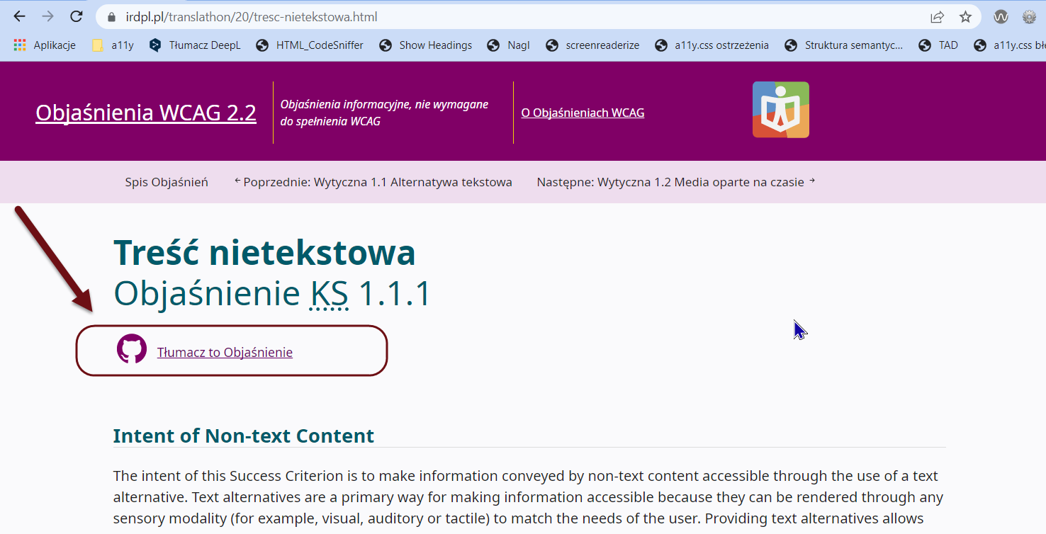 Położenie łącza Tłumacz to objaśnienie na stronie KS 1.1.1 Treść nietekstowa