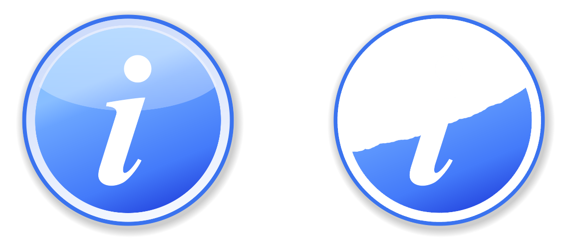 Dwie wersje niebieskiego koła z literą „i” symbolizującą informację. Pierwszy przykład ma niebieskie tło gradientowe, w drugim brakuje górnej połowy tła, która przesłania i.
