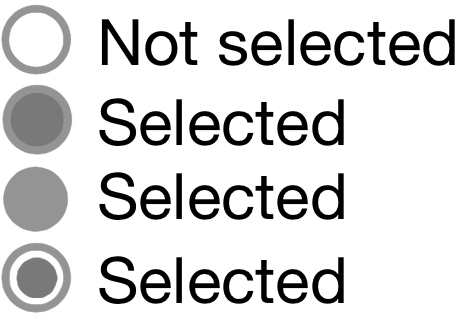Cztery przyciski radiowe, pierwszy to zwykłe koło oznaczone „Niezaznaczone”. Drugi pokazuje okrąg wypełniony ciemniejszym kolorem niż obramowanie. Trzeci jest wypełniony tym samym kolorem co obramowanie. Czwarty ma wewnętrzny wypełniony okrąg z szczeliną między nim a zewnętrznym obramowaniem.