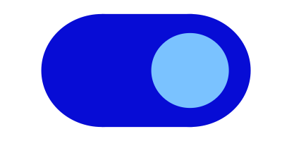 Ciemnoniebieski owalny przycisk przełączający z jasnoniebieskim wewnętrznym wskaźnikiem.